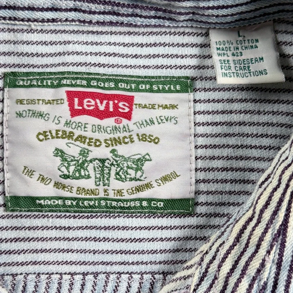 Vintage Levi's Shirt Men's Large Blue White Striped Denim Work Engineer Chore
